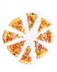 pizza cut into pieces white background