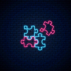 Neon puzzle pieces. Solve puzzle game. Thinking game symbol. Glowing neon icon of logical concept. Vector illustration.
