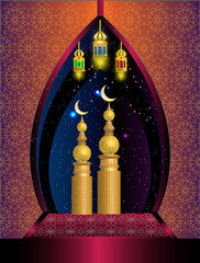 Blank Islamic background design vector for Ramadan Kareem month and any other Islamic occasion with Mosque, minaret, golden decoration and stars on night view 