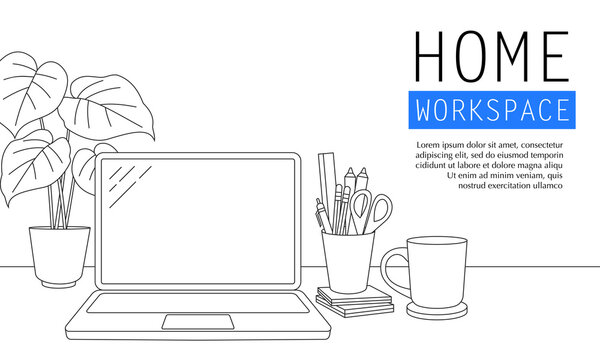 Vector illustration of home work desk in outlined style. Suitable for design element of work from home, freelance workspace, and online seminar.
