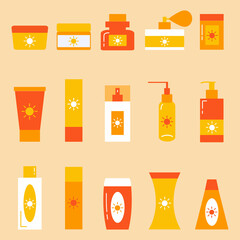Set of Bottles with sunscreens. Protection for the skin from solar ultraviolet light. Different sun protection cosmetics. Flat set of sunscreen vector icons for web design, banner, poster, advertising