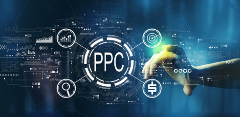 PPC - Pay per click concept with hand pressing a button on a technology screen