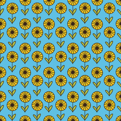 Yellow flowers seamless pattern on blue background. Floral repeated ornament vector illustration. Botanical tile design.