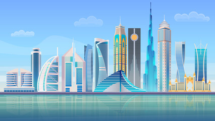 Dubai City panorama skyline. High skyscrapers modern cityscape. Vector illustration.