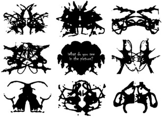 Ink blot for psychiatric evaluations. Rorschach test, black silhouette shapes. Vector set of grunge abstract black spots, droplets, smudges, stains and splashes
