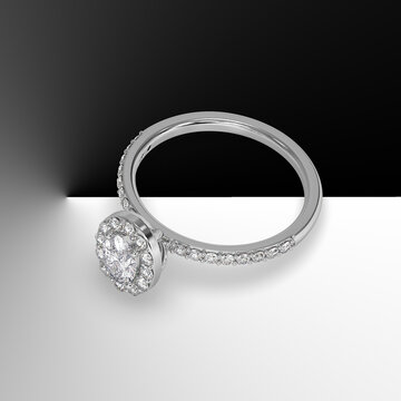 white gold halo engagement ring with oval cut center stone and side stones on shank 3d render
