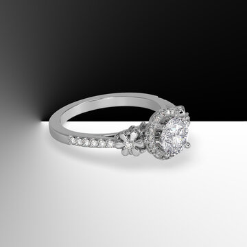 white gold halo engagement ring with round center stone and beautiful filigree work 3d render