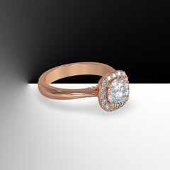 rose gold halo engagement ring with round center stone and plain shank cathedral style 3d render