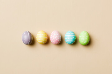holiday preparation Multi colors Easter eggs on colored background . Pastel color Easter eggs. holiday concept with copy space