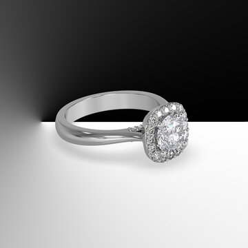 white gold halo engagement ring with round center stone and plain shank cathedral style 3d render