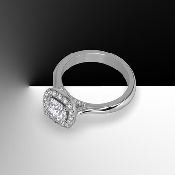 white gold halo engagement ring with round center stone and plain shank cathedral style 3d render