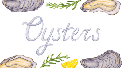 Watercolor seafood oysters frame banner for social media or site with rosemary herbs and lemon isolated on white background