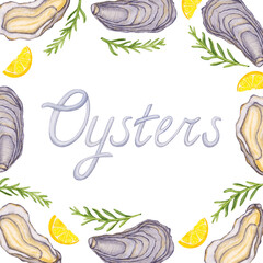 Watercolor seafood oysters square frame banner for social media with rosemary herbs and lemon isolated on white background