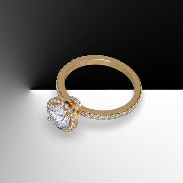 gold halo engagement ring with round center stone and side diamonds on shank 3d render