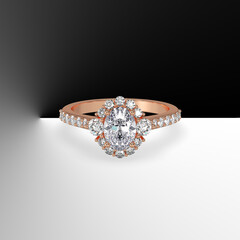 oval diamond cathedral engagement ring with side stones on shank 3d render
