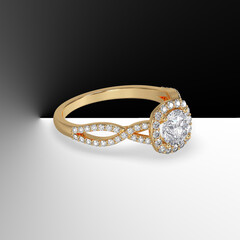 round diamond cathedral engagement ring with side stones on criss cross shank 3d render