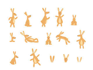 Easter bunny collection. Boho flat design. Character with poses. Egg hunt concept. Isolated vector illustration
