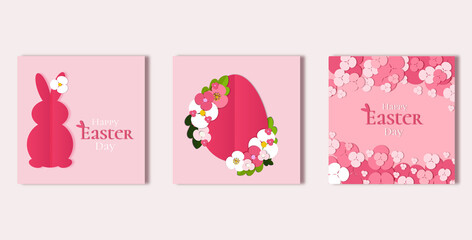 set of cards Easter egg in paper style cut out with different flowers vector illustration.