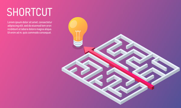 business shortcut maze to goal. red arrow route break out of labyrinth. problem solving and solution concept. copy space for text. vector illustration isometric design.