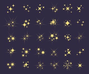 Yellow shiny sparks silhouettes. Twinkle star particles, glitter sparkles and magic sparkle isolated silhouette icons set. Set of star sparkling and twinkling cartoon.