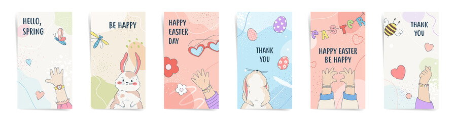 Happy easter social media stories set. Vector template design with bunnies, easter eggs, and child girl cute hands for posts, cover flyers, cards. Easter hunt sale promo posts in blue, pink colors set