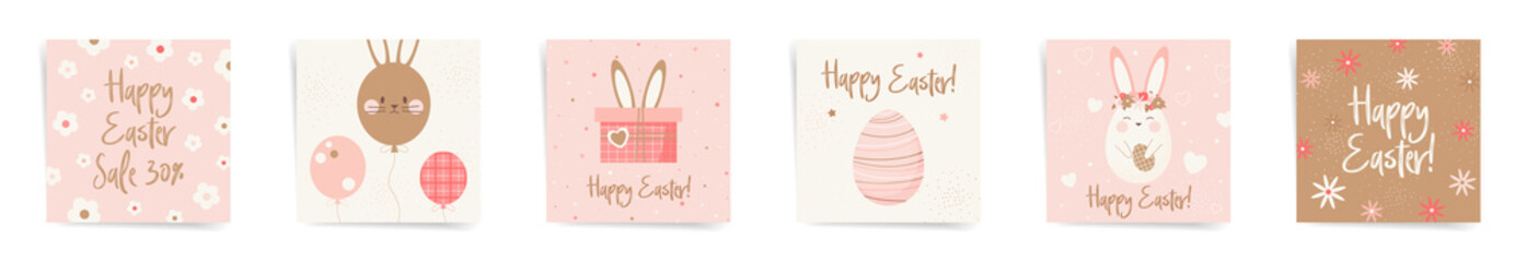 Fototapeta na wymiar Happy easter day sale square post cute template set. Spring design for square banners, promo posts. Design with cute gift boxes, easter eggs, balloons, rabbits ears, in pink, brown, beige colors set.