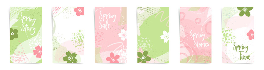 Garden botanical spring sale stories fashion template set. Natural flowers texture for banners, stories, posts. organic patterns design, flowers, and abstract shapes in pink and green colors set.