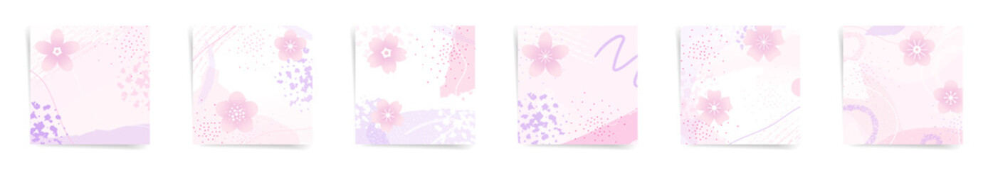 Hanami spring sale square posts fashion template set. Sakura design for banners and promo posts. Design with wavy patterns, flowers, and abstract shapes in pink, purple, and white colors set. © Takoyaki Shop