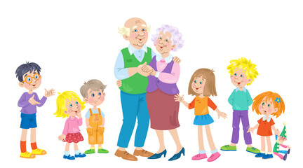 Grandfather and grandmother surrounded by grandchildren. In cartoon style. Isolated on white background. Vector illustration.