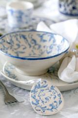 Easter table setting with empty craft ceramic tableware