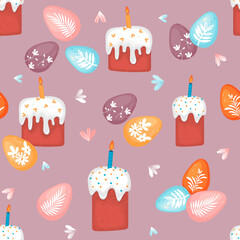Seamless repeat pattern with Easter cakes and patterned eggs in pastel colors.Cute background or texture for printing on fabrics and paper.Trendy hand drawn vector illustration for Easter holydays.