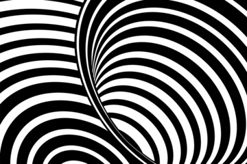 Background illusion optical. Abstract 3d pattern. Black and white line wave. Сurved geometric stripe. Hypnotic op waves. Hypnosis texture. Сurves stripes bg. Wavy design prints. Vector illustration