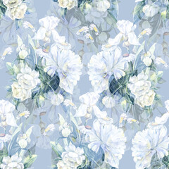 Watercolor  blooming white flowers with foliage on blue background. Seamless pattern  with floral composition for decorations textiles and papers.