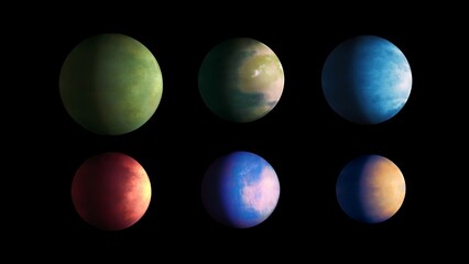 Group of exoplanets of different colors and sizes. Planets from another star system on a black background. 