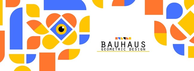Bauhaus style flyer. Abstract geometric 2d elements with modern eye. Web template with simple colorful forms. Retro art banner and grid shapes pattern. Vector card illustration on white background