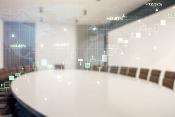 Abstract creative financial graph and world map on a modern coworking room background, financial and trading concept. Multiexposure