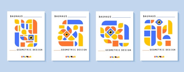 Bauhaus style flyers set. Journal magazine album cover with abstract geometric 2d shapes and eye. Banner collection templates with simple colorful forms. Vector card illustration on white background