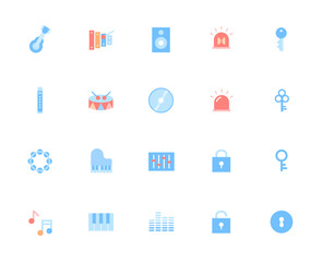 Icons related to music and music education such as guitar, xylophone. note, drum, piano.