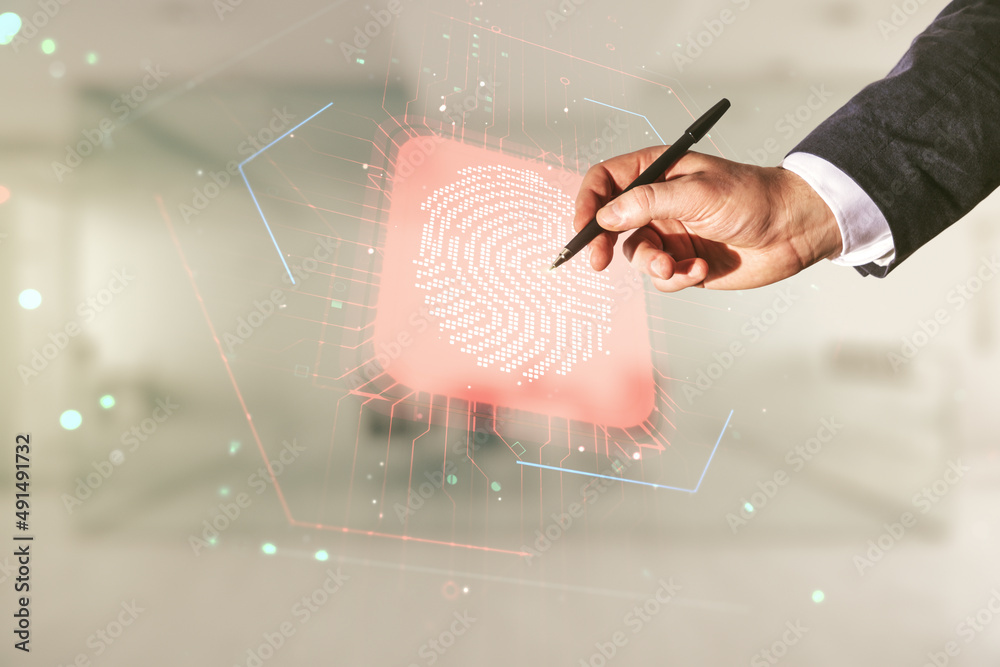 Aufkleber multi exposure of male hand with pen working with virtual creative fingerprint hologram on blurred o