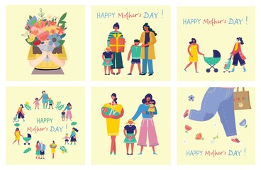 Happy Mother s Day Set of cute and colorful vector illustrations. Kids and their mom, gifts and flowers for the Mother s Day celebration. Design templates for a card, banner