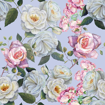 Watercolor  blooming flowers rose with foliage on blue background. Seamless pattern  with floral composition for decorations textiles and papers.