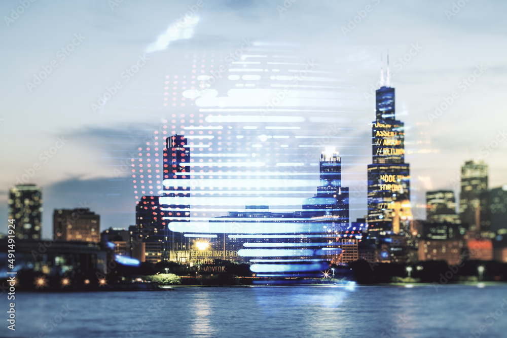 Aufkleber multi exposure of abstract programming language hologram and world map on chicago office buildings b