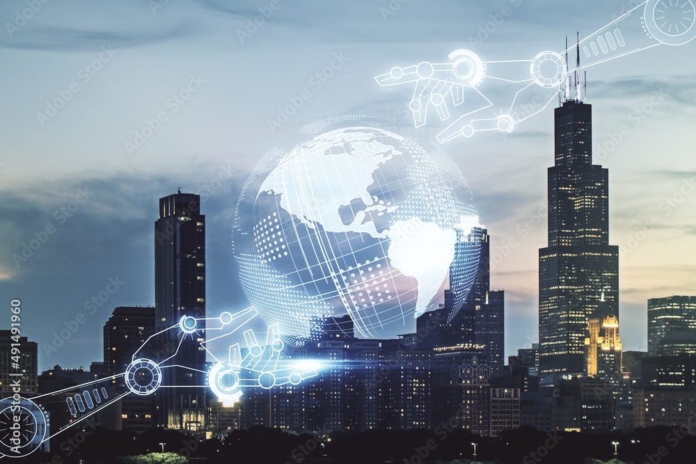 Aufkleber abstract virtual robotics technology hologram with globe sketch on chicago skyline background. robot