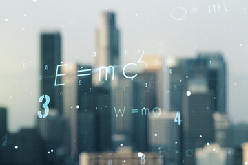 Scientific formula hologram on blurry office buildings background, research concept. Multiexposure