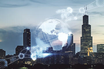 Abstract virtual robotics technology hologram with globe sketch on Chicago skyline background....