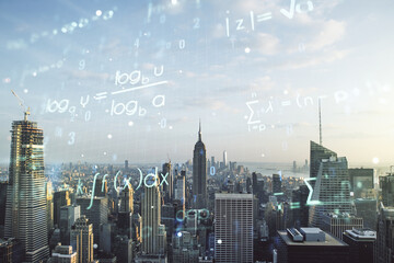 Abstract scientific formula hologram on New York city skyline background. Multiexposure