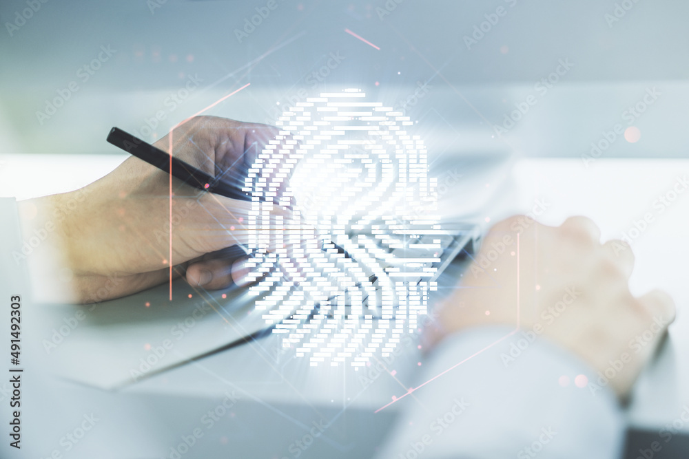 Leinwandbilder double exposure of abstract creative fingerprint hologram with hand writing in notebook on backgroun