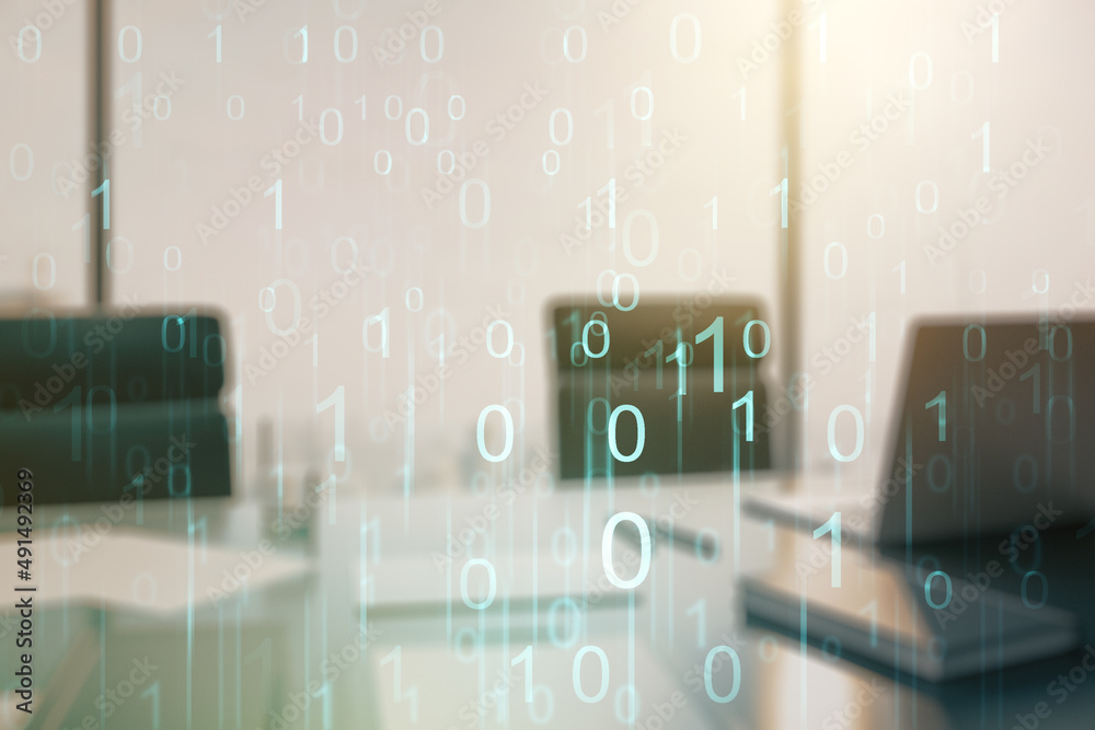 Poster creative abstract binary code hologram and modern desktop with pc on background, ai and machine lear