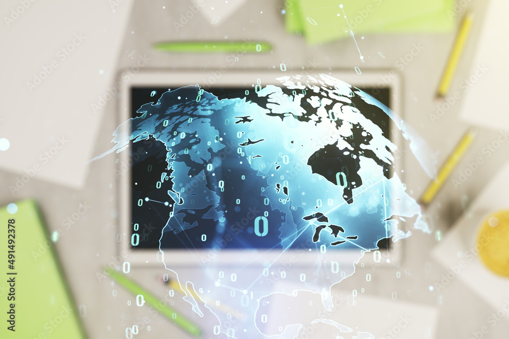 Poster multi exposure of abstract graphic coding sketch with world map and modern digital tablet on desktop