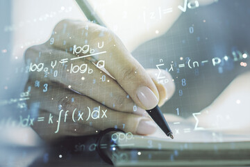Creative scientific formula illustration with woman hand writing in diary on background, science and research concept. Multiexposure